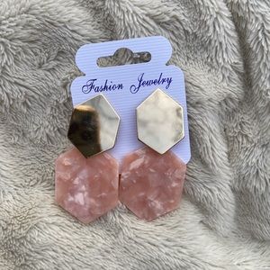 Gold Hexagon with Pearlized Pink Dangle Earrings